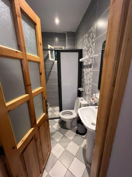 Baño completo con ducha, inodoro y lavabo en el BananaHouse con azulejos grises