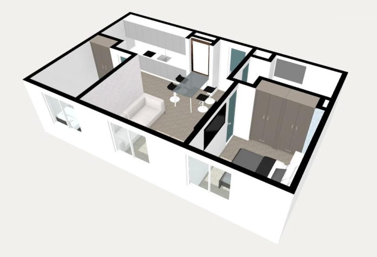 Plano 3D del apartamento del Hotel Azzaí Bellas Artes con salón, cocina y dormitorio