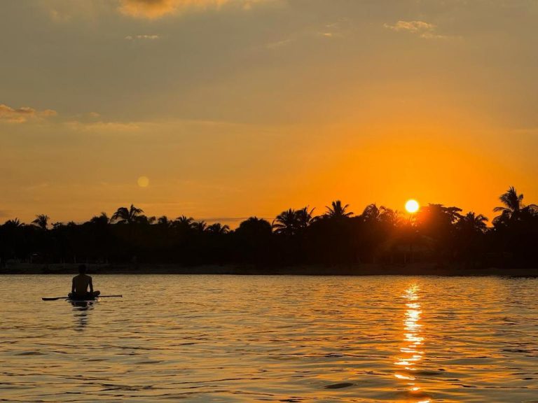 Persona practicando paddleboard al atardecer en la laguna del Paamul Hotel con palmeras al fondo