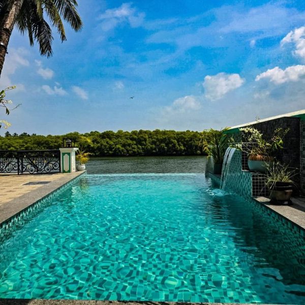 Piscina infinita con cascada y vistas al río rodeado de vegetación tropical en el Hotel Nico's