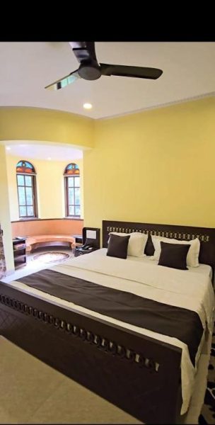 Habitación doble con cama matrimonial y ventilador de techo en Hotel Nico's, paredes amarillas y ventanas clásicas