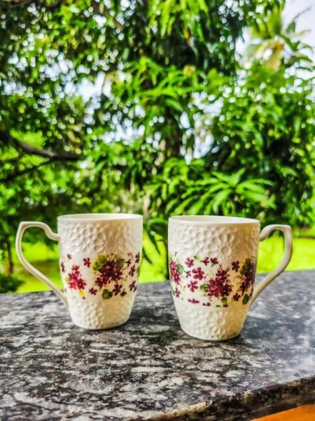 Dos tazas de porcelana blanca con flores en terraza del Hotel Nico's rodeada de jardín verde
