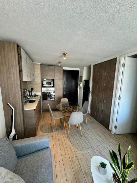 Sala comedor y cocina equipada del apartamento Lindo y cómodo en Santiago centro con mesa de vidrio