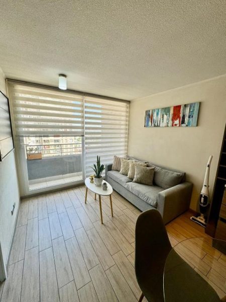 Salón luminoso con sofá gris y mesa de centro en apartamento céntrico de Santiago de Chile