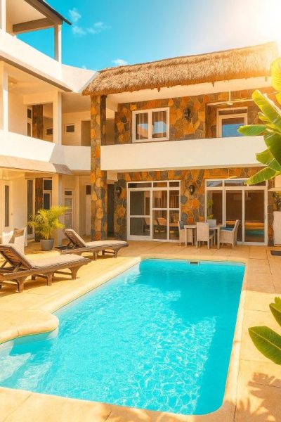 Piscina exterior con tumbonas y villa de piedra en Grand Baie Holiday Apartment, Mauricio