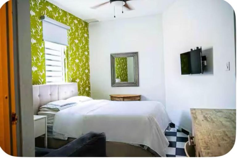 Habitación doble con papel pintado tropical verde y cama matrimonial en Navona Studios