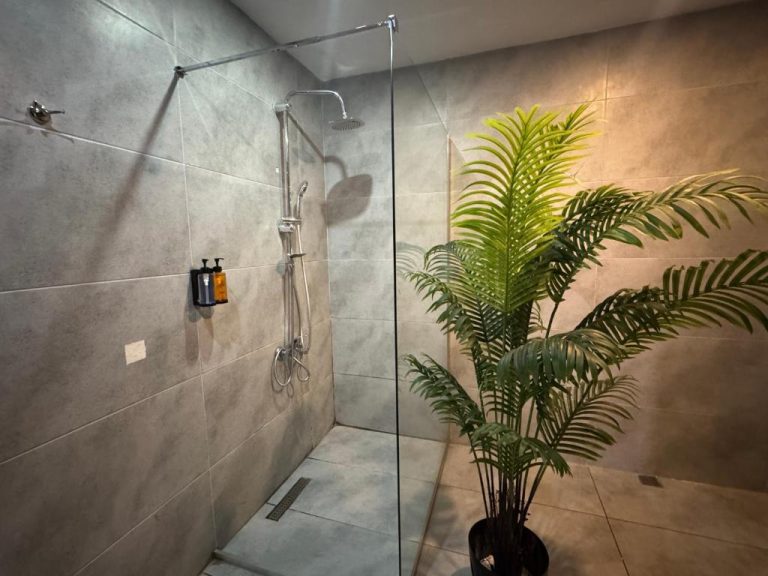 Ducha de lluvia con mampara de cristal y planta tropical en Marina Boutique Hotel Istanbul Airport