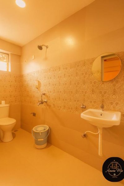 Baño privado con ducha, lavabo y sanitarios del Hotel Amore Mio Morjim Beach en Goa