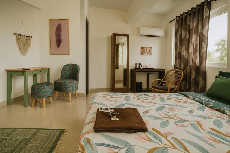 Habitación doble con decoración tropical y cama matrimonial en Hotel Amore Mio Morjim Beach