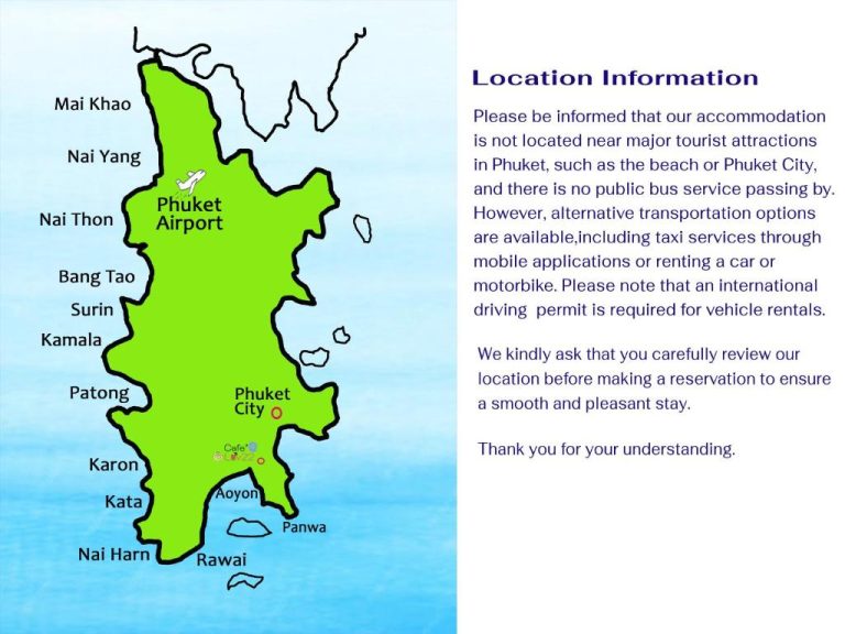 Mapa de ubicación del Cafe Luv22 en Phuket, cerca de Aoyon y Phuket City, con información de transporte