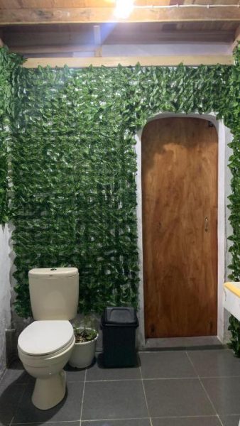 Baño rústico con decoración de follaje verde natural y puerta de madera en Ricky's Beach House