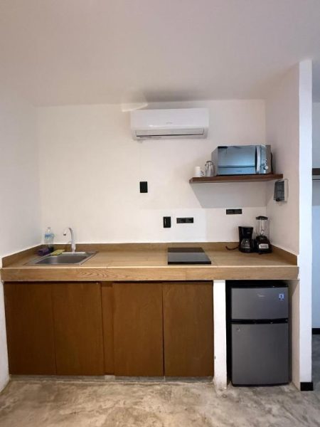 Cocina equipada con fregadero, vitrocerámica, cafetera y minibar en Balam Suites