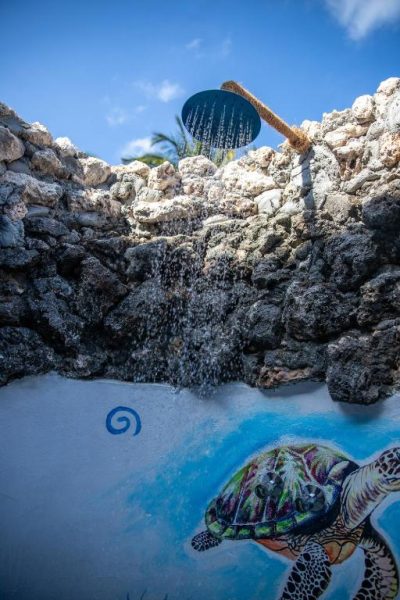 Ducha exterior de piedra natural con mural de tortuga marina en VeriDiana Hotel Zanzibar