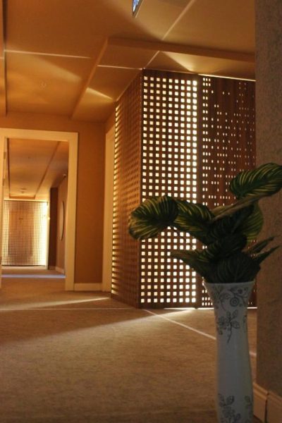 Pasillo interior elegante con celosía decorativa y planta ornamental del Bonnie City Hotel