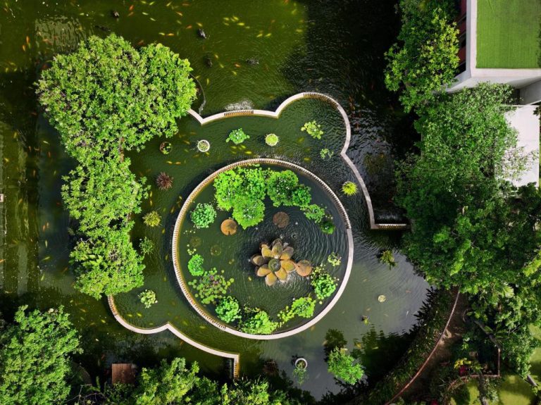 Vista aérea del estanque koi con jardín tropical y nenúfares del Hilton Colombo Hotel