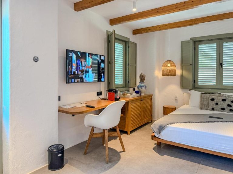 Habitación doble con escritorio, TV y ventanas de madera verde en Carpe Diem Boutique Hotel Adults Only