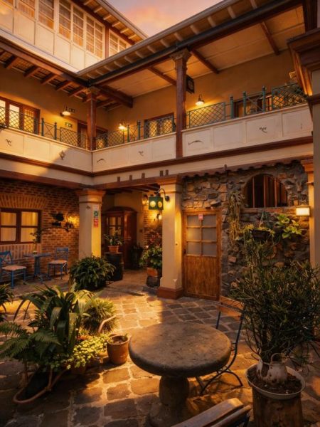 Patio colonial con jardines y balcones iluminados al atardecer en Old Town Quito Suites Heritage Hotel