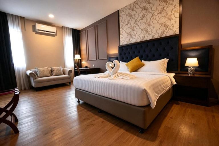 Habitación deluxe con cama doble y decoración elegante en The Leith Hotel