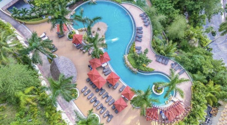 Vista aérea de la piscina infinity con tumbonas y palmeras del Garza Blanca Preserve Resort & Spa Puerto Vallarta