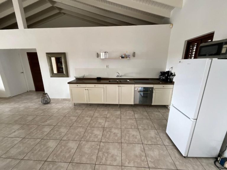 Cocina equipada con nevera, microondas y encimera en los Apartamentos Bantopa