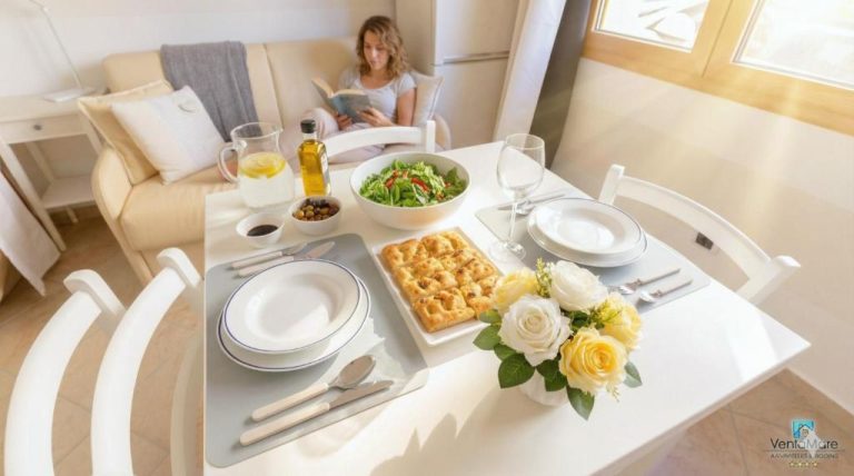 Mesa de comedor con ensalada, focaccia y flores en apartamento de Sea Wind Apartments & Suites