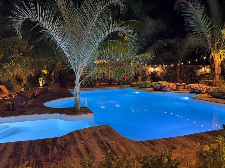 Piscina iluminada de noche con palmeras tropicales y terraza de madera en Oke Ani Boutique Hotel
