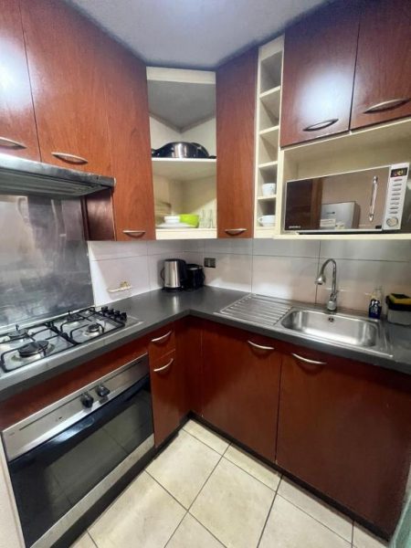 Cocina equipada con horno, microondas y fregadero en apartamento Dptos Merced Santiago