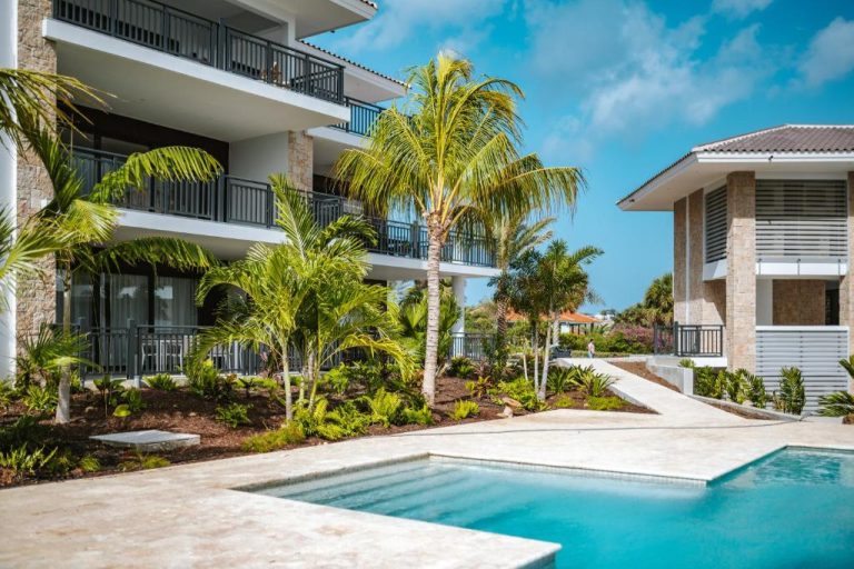Piscina exterior con palmeras tropicales y jardines del The Breeze Blue Bay Curaçao Golf & Beach Resort