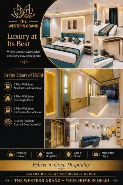 Habitaciones de lujo y lobby elegante del Hotel The Western Grand en Nueva Delhi, cerca de Connaught Place
