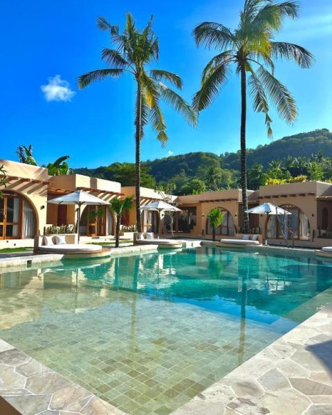 Piscina exterior con palmeras tropicales y tumbonas del Miliyana Boutique Hotel Adults Only