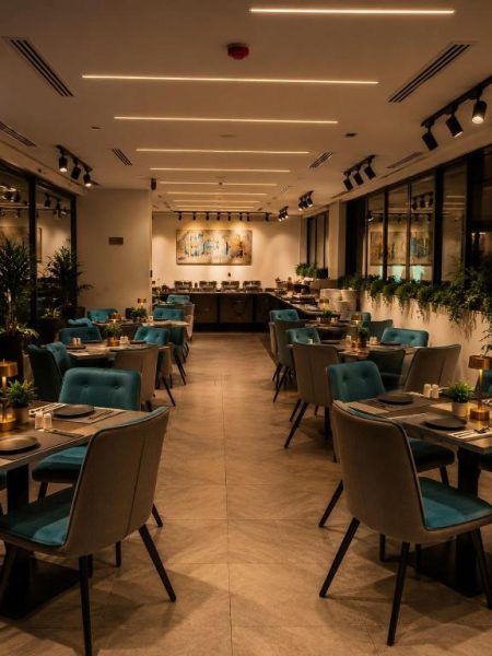 Elegante restaurante interior del Coral Beach Hotel & Spa con sillas de terciopelo azul y ambiente sofisticado