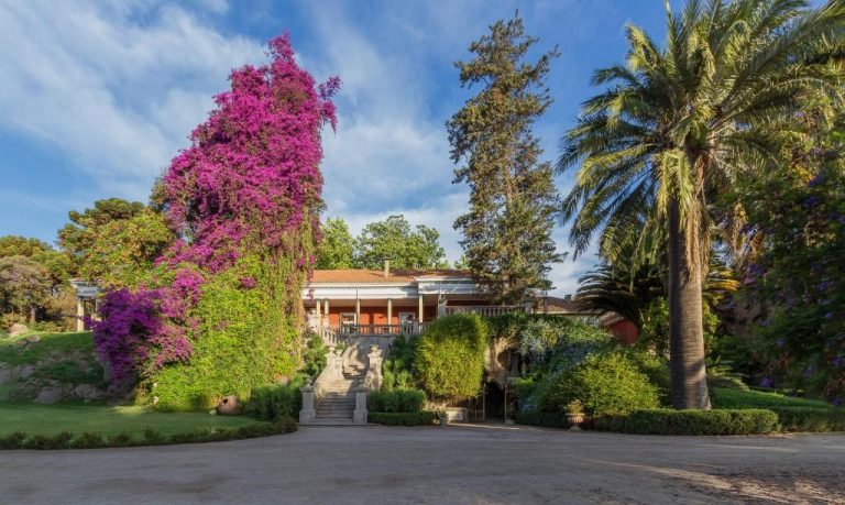 Jardines con buganvilias y palmeras en la entrada del Hotel Casa Real Viña Santa Rita en Chile