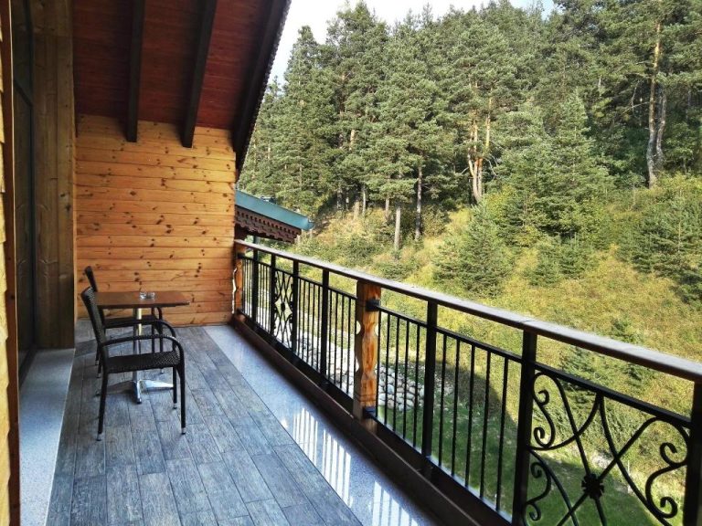Balcón de madera con mesa y sillas con vistas al bosque de pinos en Hot Springs Medical and SPA