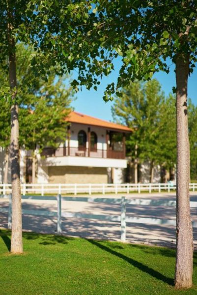 Jardín exterior con árboles y valla blanca del Boutique Complex Trakiets con villa al fondo