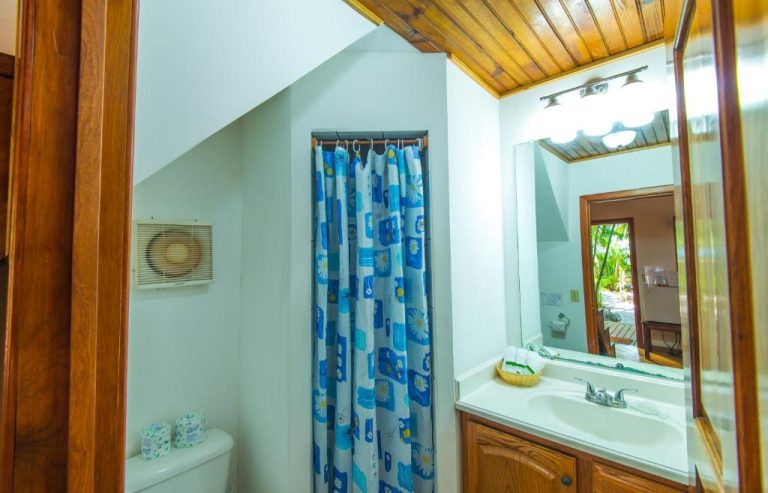Baño con ducha y cortina azul floral en Las Rocas Resort and Dive Center con techo de madera