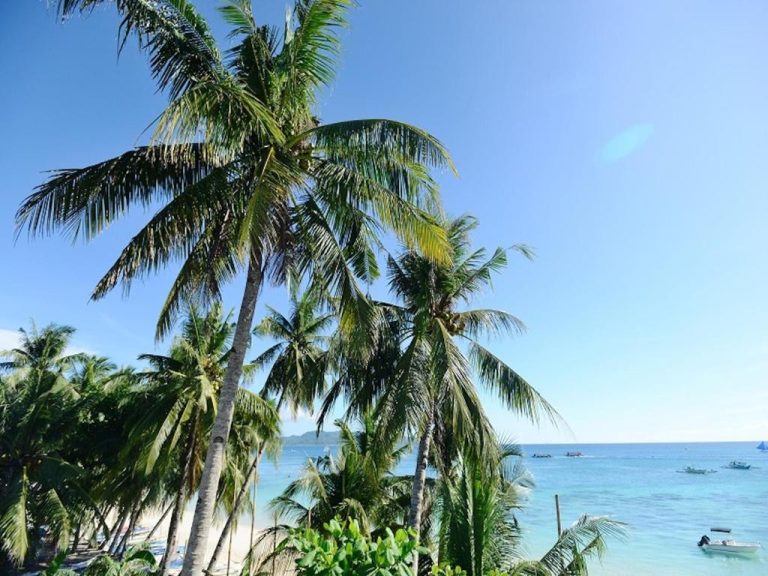 Playa tropical con palmeras y aguas turquesas del Kaiyana Boracay Beach Resort en Filipinas