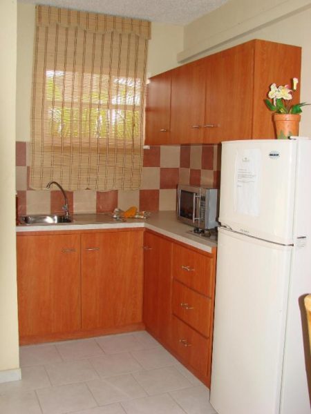 Cocina totalmente equipada con refrigerador y microondas en Cunucu Villas Aruba Tropical Garden Apartments