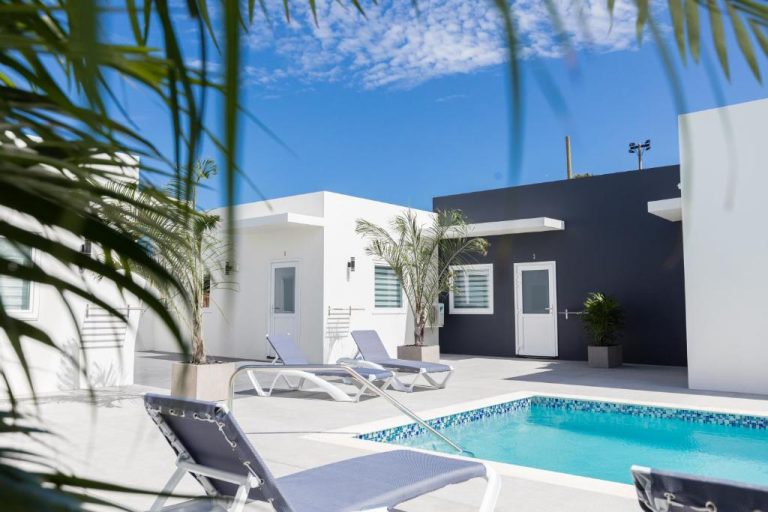 Piscina exterior con tumbonas y zona de descanso en The Palm Leaf Apartments bajo cielo azul