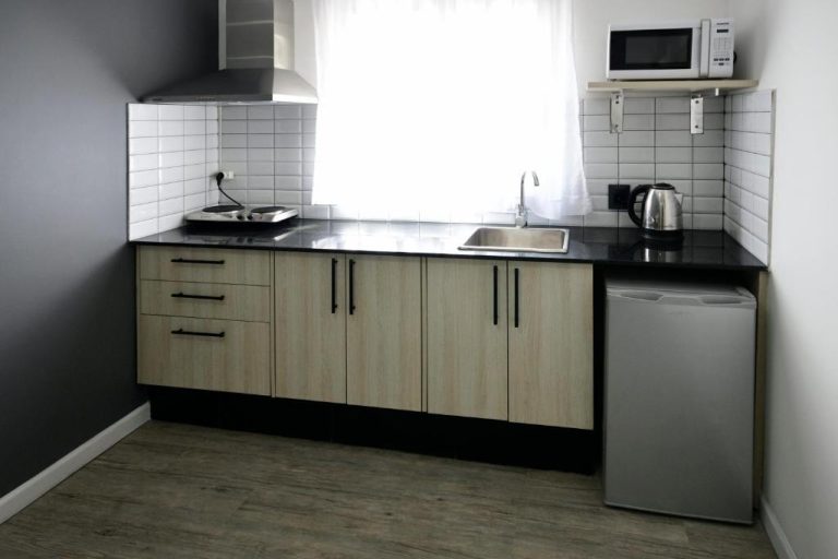 Cocina equipada con microondas, fregadero y nevera en apartamento del Quijano Hotel Aparts y Suites