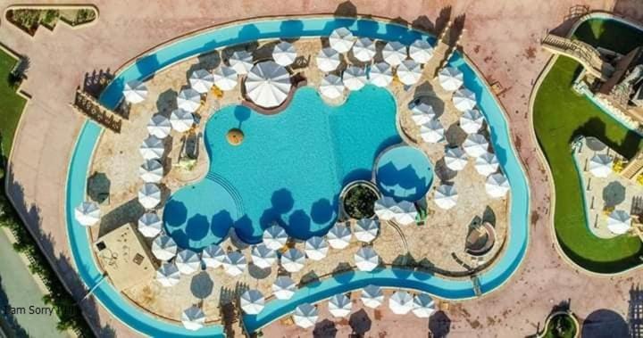 Vista aérea de la piscina exterior con tumbonas y sombrillas del Green Leaves Hotel