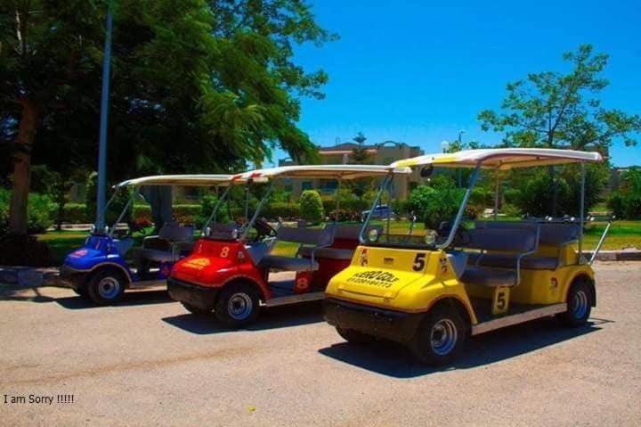 Carritos de golf coloridos del Green Leaves Hotel para el transporte de huéspedes por las instalaciones