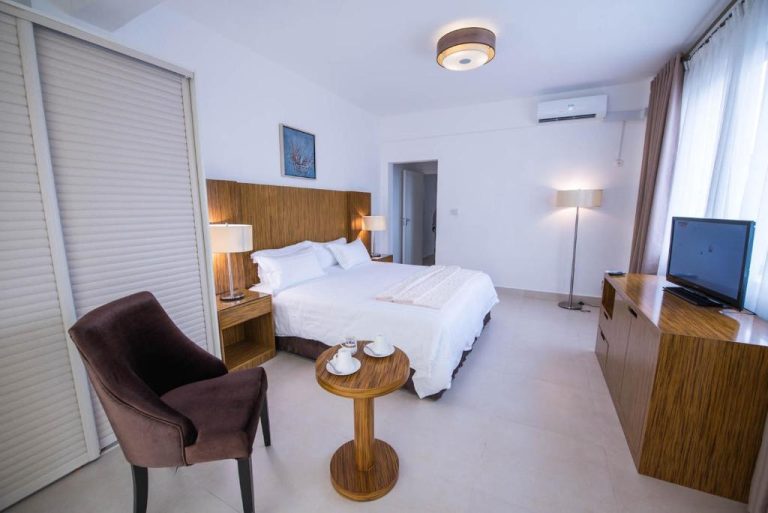 Habitación doble con cama matrimonial, televisión y mobiliario de madera en Palms Hotel