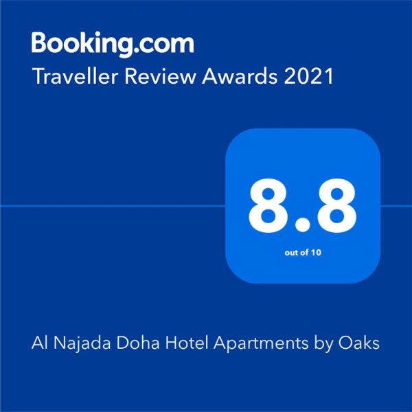 Premio Booking.com Traveller Review Awards 2021 con puntuación 8.8 sobre 10 para Al Najada Doha Hotel Apartments by Oaks