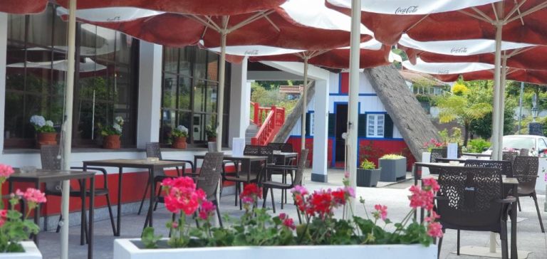 Terraza exterior del Hotel O Colmo con mesas, sillas y sombrillas Coca-Cola rodeada de flores