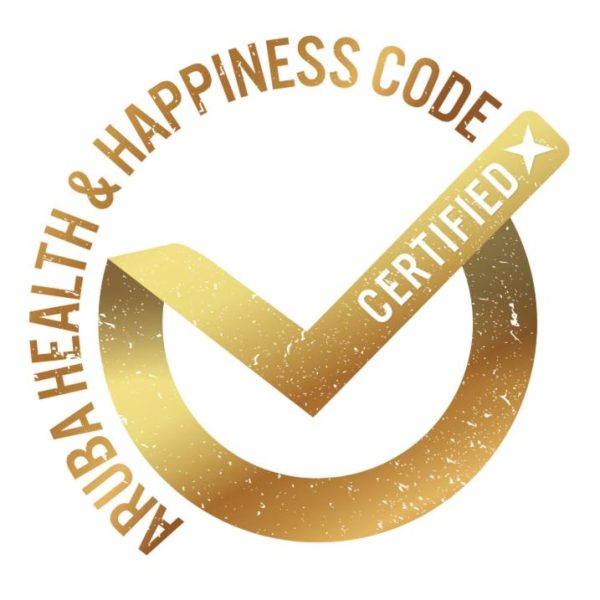Sello de certificación Aruba Health & Happiness Code en Cunucu Villas Aruba Tropical Garden Apartments