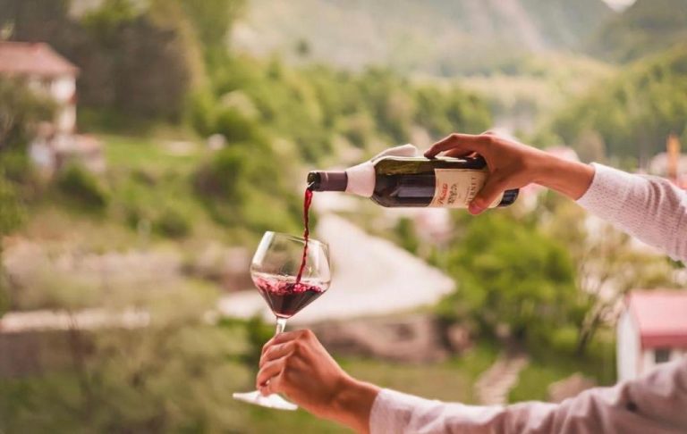 Servicio de vino tinto en terraza con vistas a las montañas verdes del Hotel Djokovic