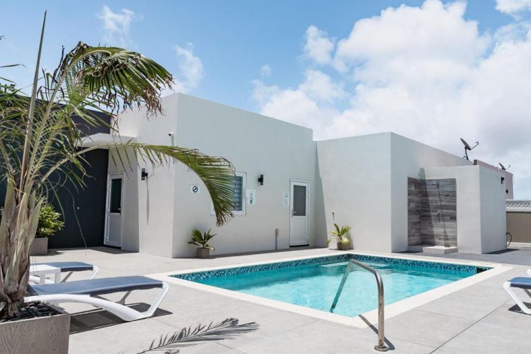 Piscina exterior con tumbonas y ducha al aire libre en The Palm Leaf Apartments con palmeras