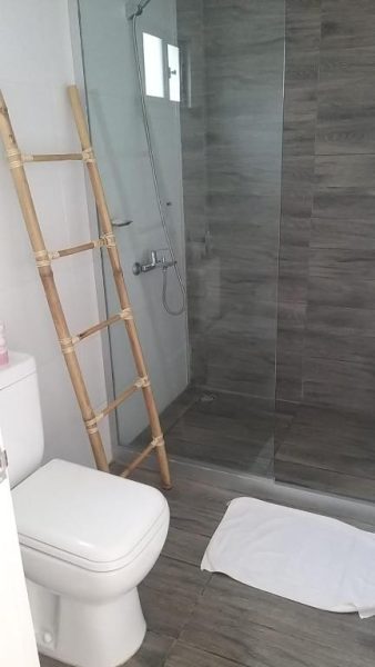 Baño moderno con ducha de cristal y suelo imitación madera en Hotel Terrazas del Río Negro