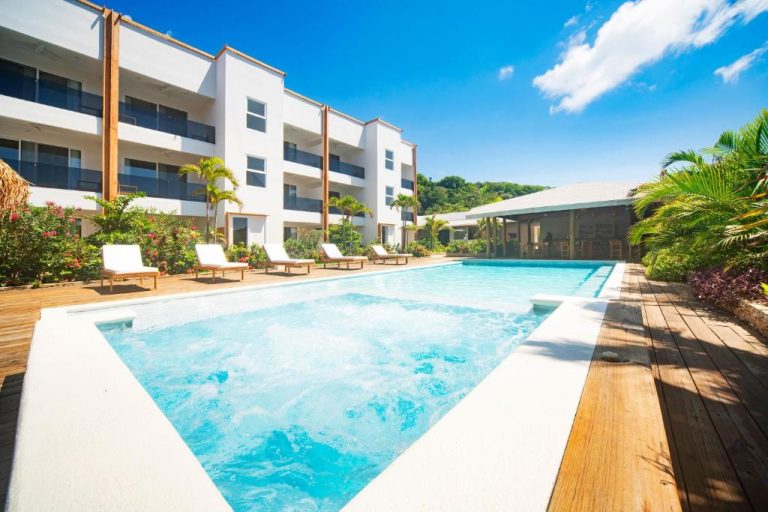 Piscina exterior con jacuzzi y tumbonas del Naboo Resort & Dive Center Adults Only rodeada de palmeras