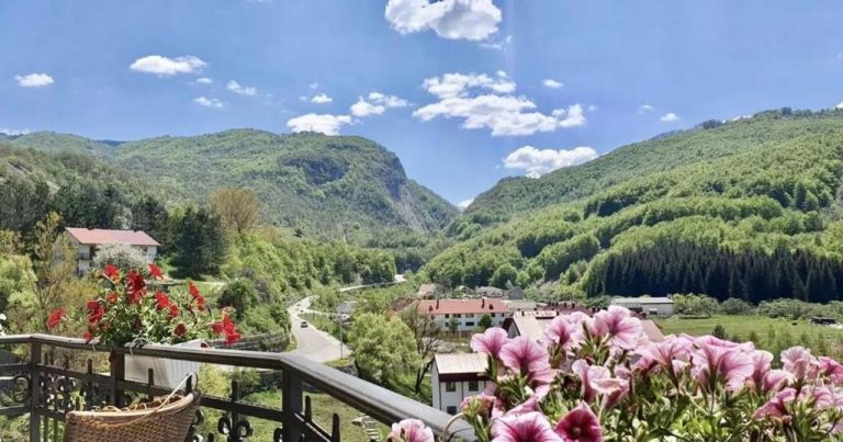 Vista panorámica del valle y montañas verdes desde la terraza con flores del Hotel Djokovic